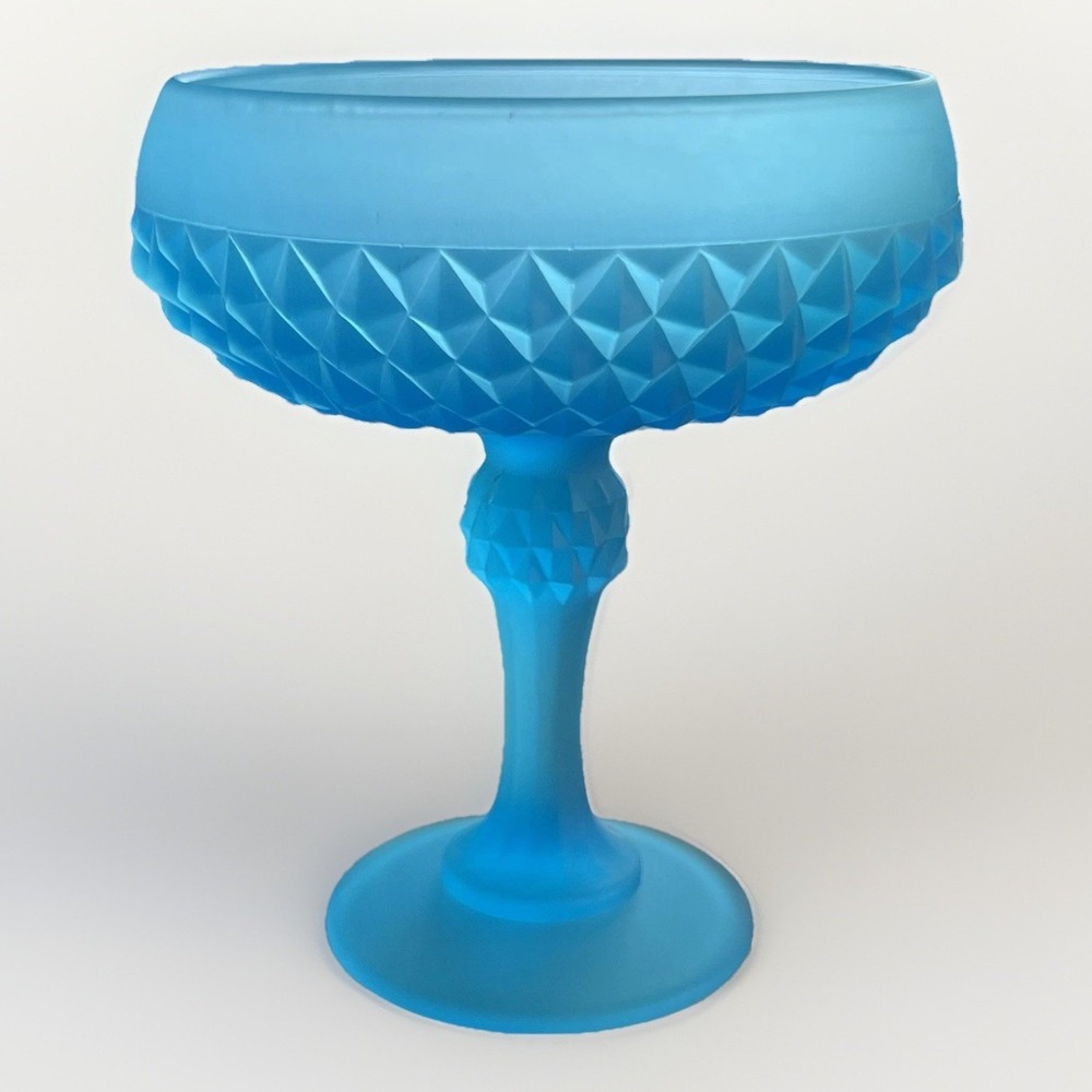 Vintage‎ Indiana Glass Bright Blue Satin Diamond Point Compote Pedestal Bowl